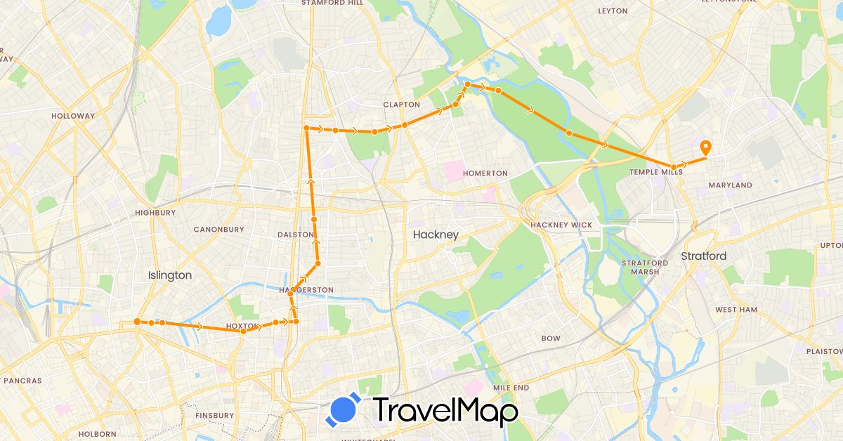 TravelMap itinerary: driving, hitchhiking in United Kingdom (Europe)